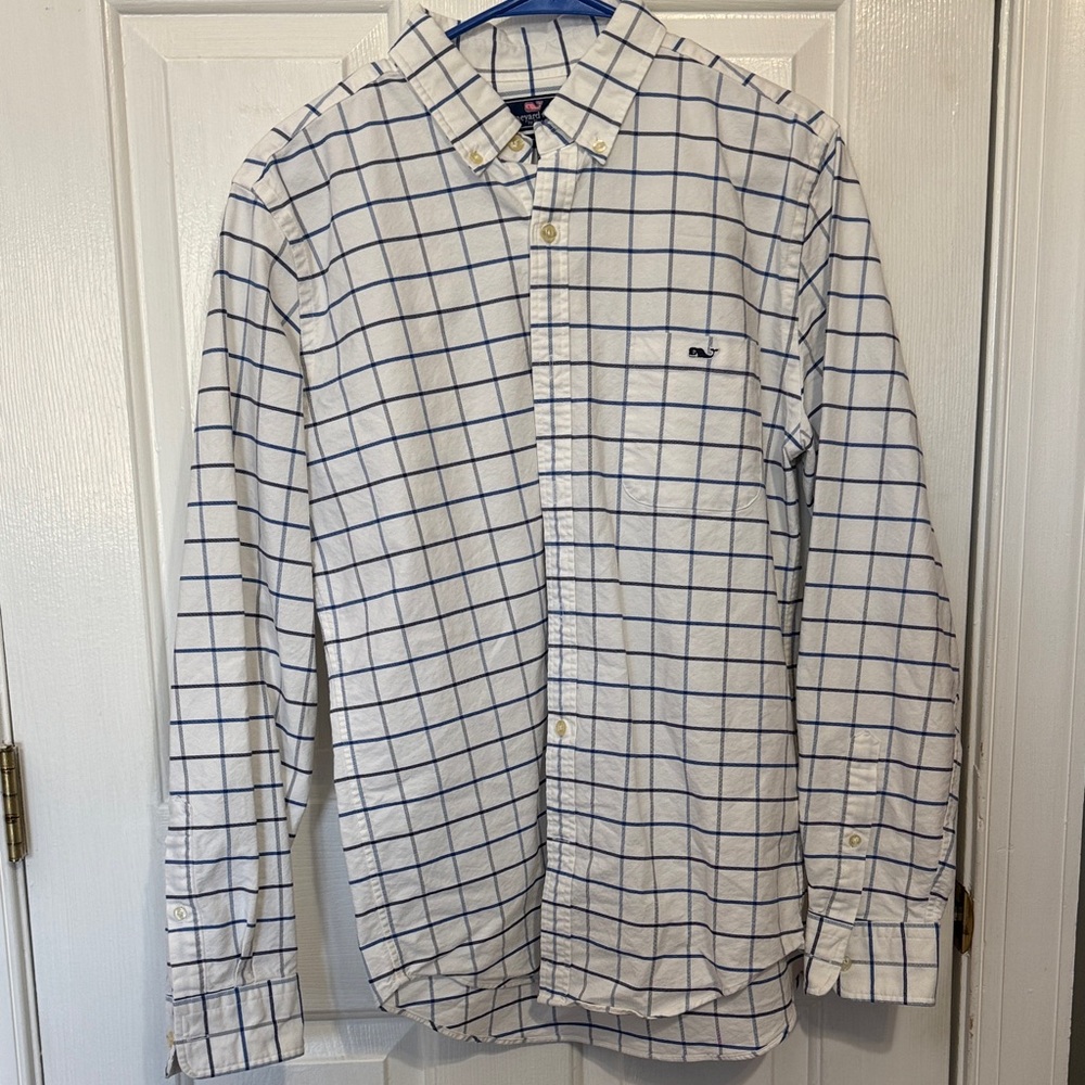 Vineyard Vines White Button-Down Shirt with Blue Windowpane
